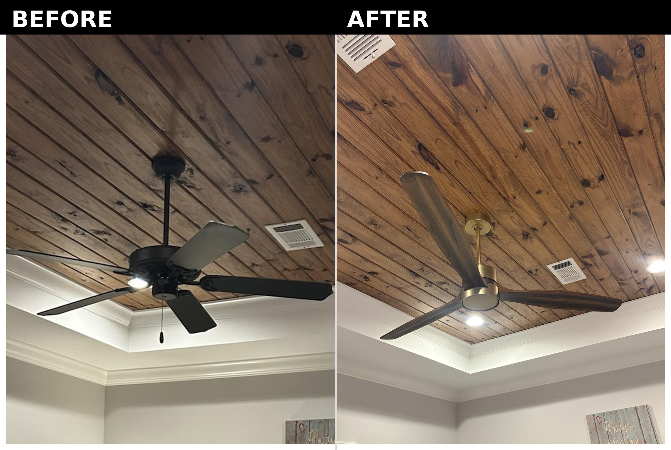 Ceiling fan and wood ceiling before and after